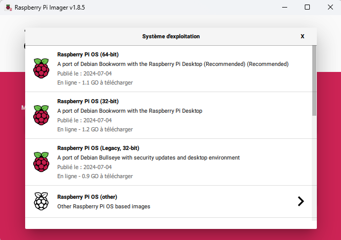 liste des système d'exploitation pris en charge de PI Imager