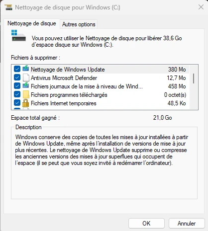 fenêtre de nettoyage disque Windows