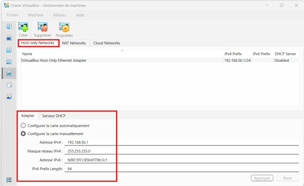 configuration de la passerelle des VM