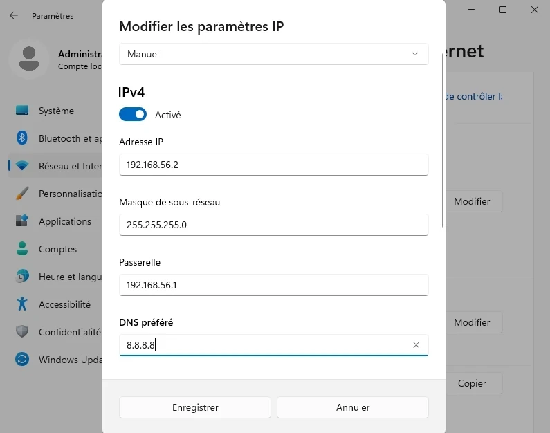configuration ip fixe sous Windows SE 2025 avec dns ext
