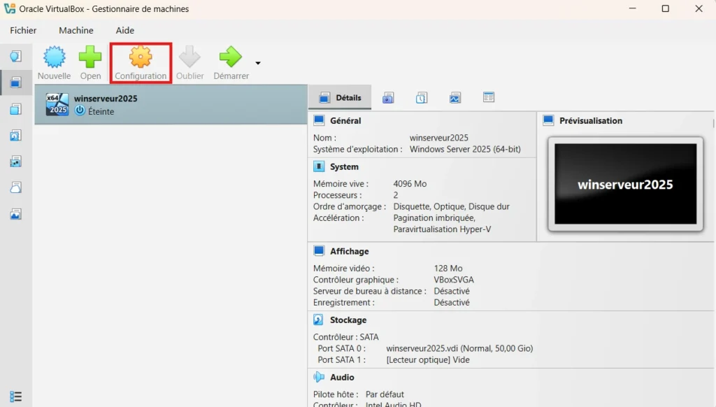 configuration de la VM